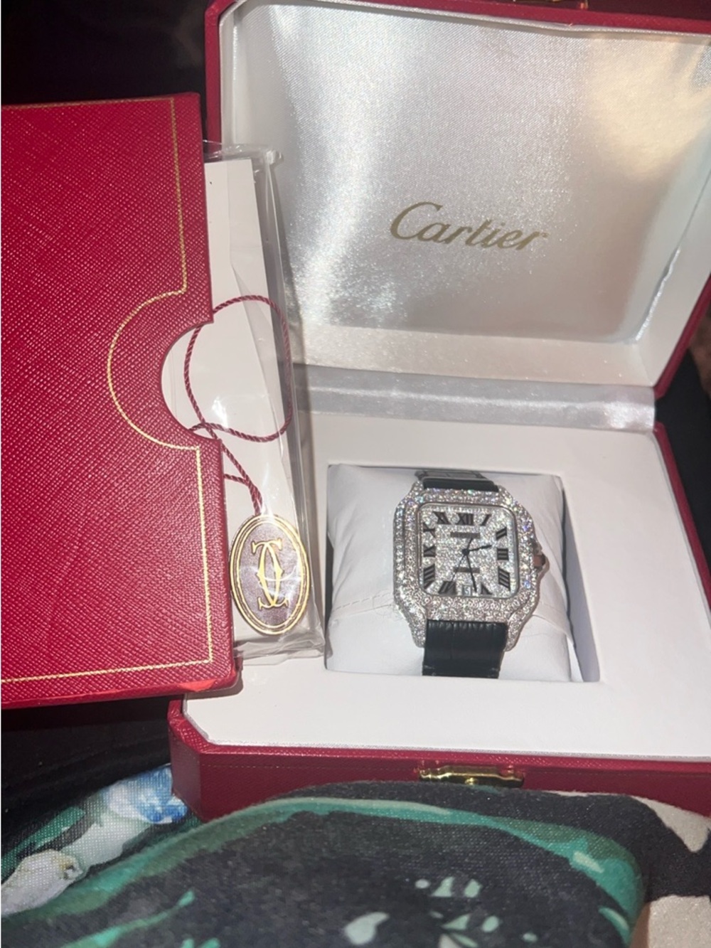 Cartier Silver Diamond Square Dial Watch with Black Strap